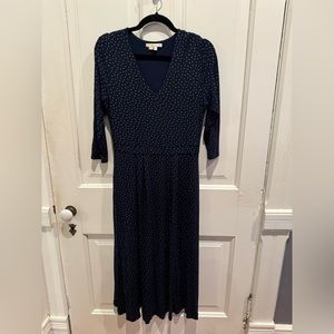 Boden knit midi dress. Navy with metallic gold polka dots.